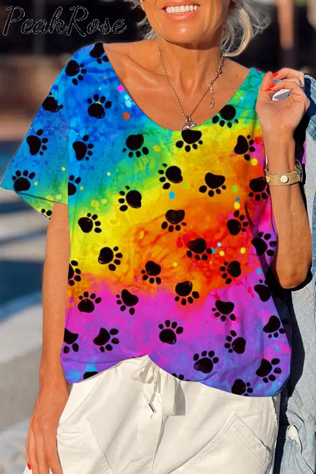 Cute Dog Paws Walk Over A Romantic Rainbow Dolman Sleeves Tee