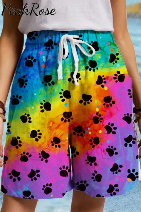 Cute Dog Paws Walk Over A Romantic Rainbow Drawstring Waist Casual Shorts