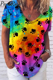 Cute Dog Paws Walk Over A Romantic Rainbow Fold V Neck Loose T-Shirt