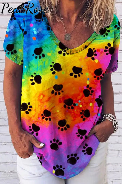 Cute Dog Paws Walk Over A Romantic Rainbow Fold V Neck Loose T-Shirt