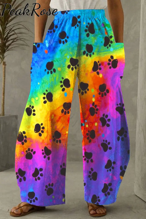 Cute Dog Paws Walk Over A Romantic Rainbow Loose Pockets Pants Pocket