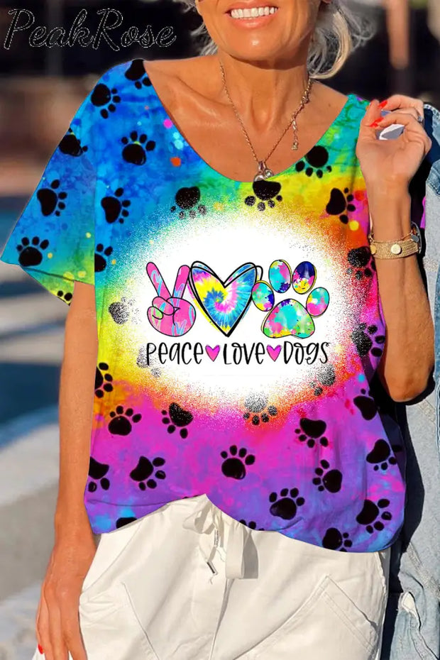 Cute Dog Paws Walk Over A Romantic Rainbow Peace Love Dogs Loose T-Shirt Raw Edges