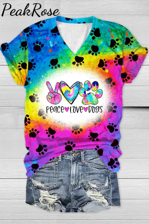 Cute Dog Paws Walk Over A Romantic Rainbow Peace Love Dogs Print V Neck T-Shirt