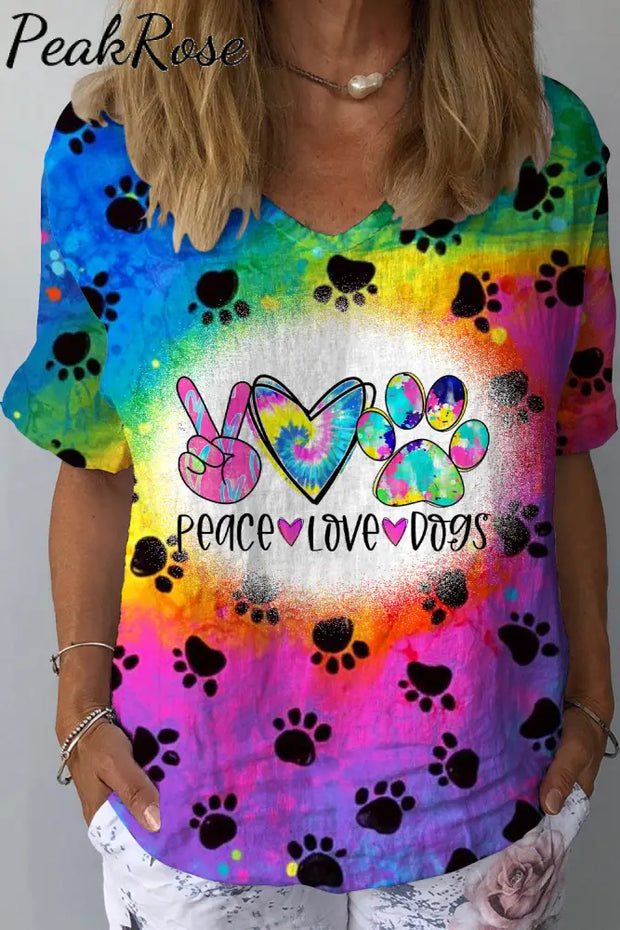 Cute Dog Paws Walk Over A Romantic Rainbow Peace Love Dogs V Neck Short Sleeves Tee Dolman