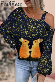 Cute Easter Bunnies Under The Black Starry Sky Printed Off-Shoulder Blouse