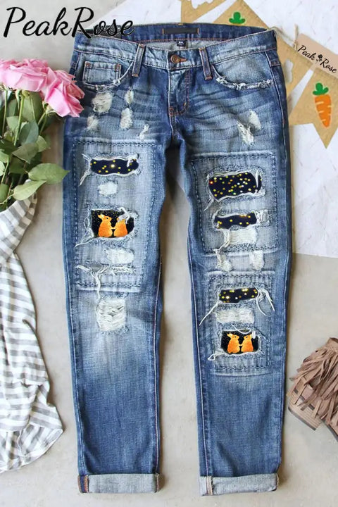 Cute Easter Bunnies Under The Black Starry Sky Printed Ripped Denim Jeans S