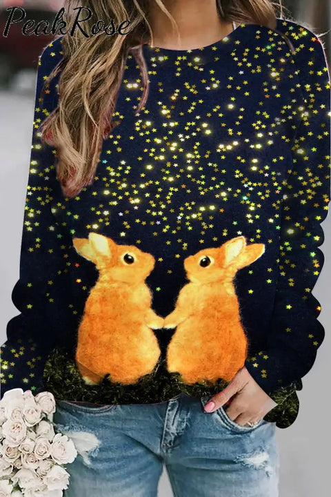 Cute Easter Bunnies Under The Black Starry Sky Printed Sweatshirt S /