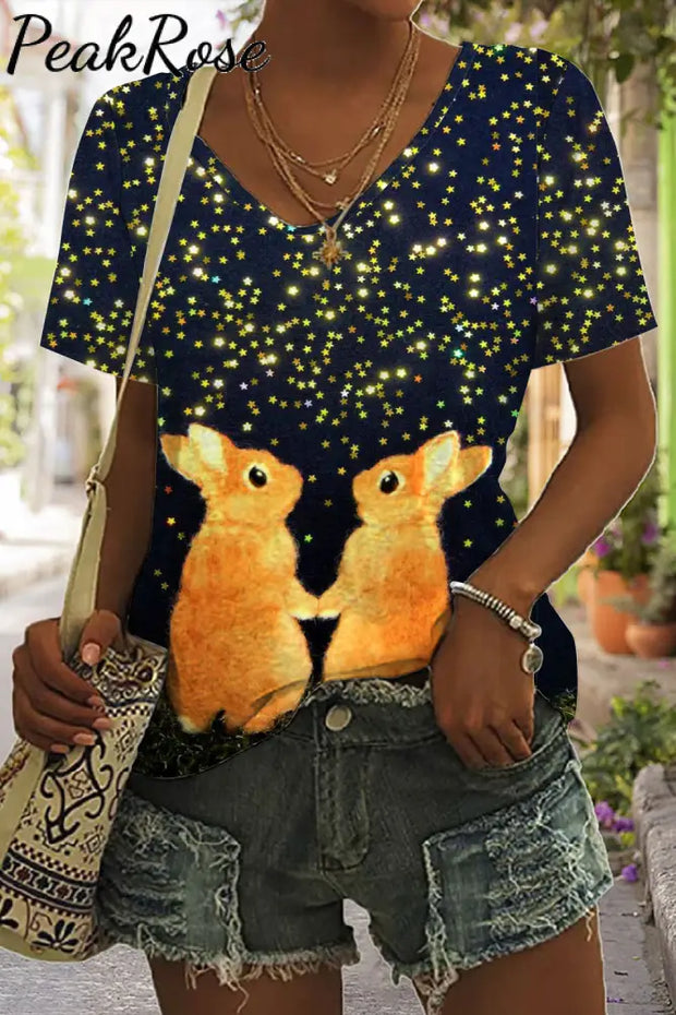 Cute Easter Bunnies Under The Black Starry Sky Printed V Neck Short Sleeve T-Shirt