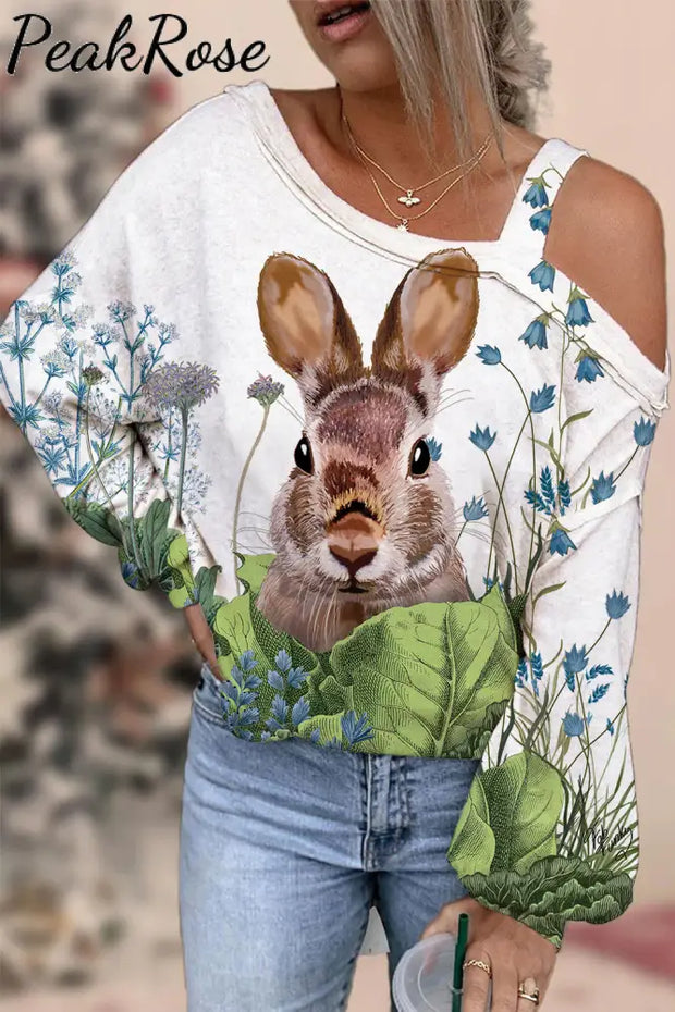 Cute Easter Bunny In The Green Plants Printed Off-Shoulder Blouse