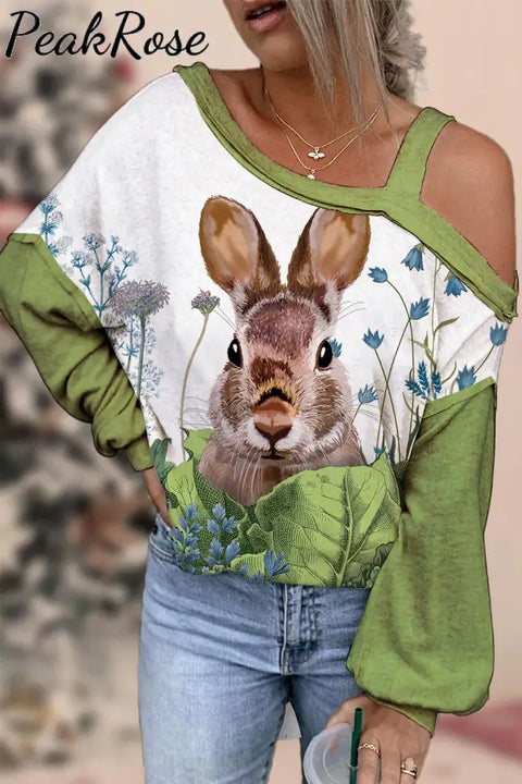 Cute Easter Bunny In The Green Plants Printed Off-Shoulder Blouse