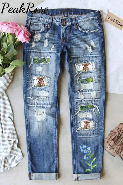 Cute Easter Bunny In The Green Plants Printed Ripped Denim Jeans S