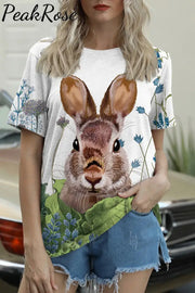 Cute Easter Bunny In The Green Plants Printed Round Neck Short Sleeve T-Shirt