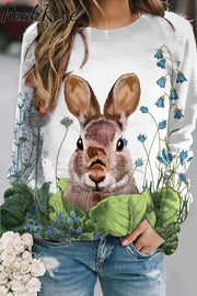 Cute Easter Bunny In The Green Plants Printed Sweatshirt