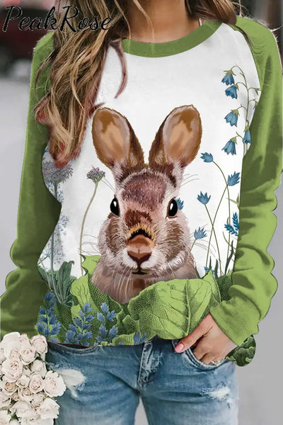 Cute Easter Bunny In The Green Plants Printed Sweatshirt S /