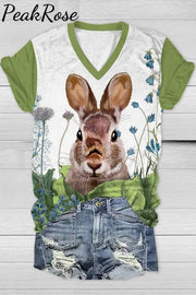 Cute Easter Bunny In The Green Plants Printed V Neck Short Sleeve T-Shirt