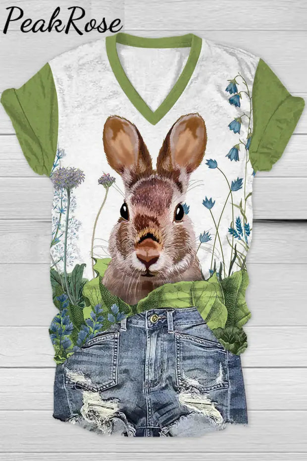 Cute Easter Bunny In The Green Plants Printed V Neck Short Sleeve T-Shirt