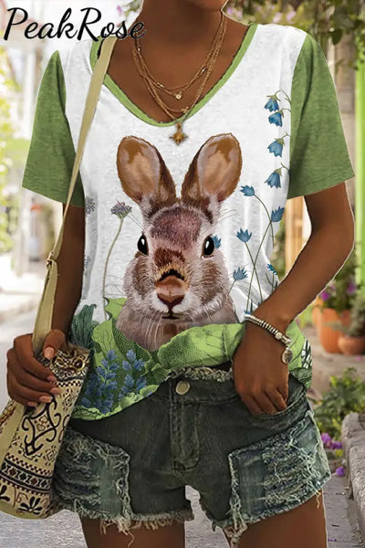 Cute Easter Bunny In The Green Plants Printed V Neck Short Sleeve T-Shirt S /