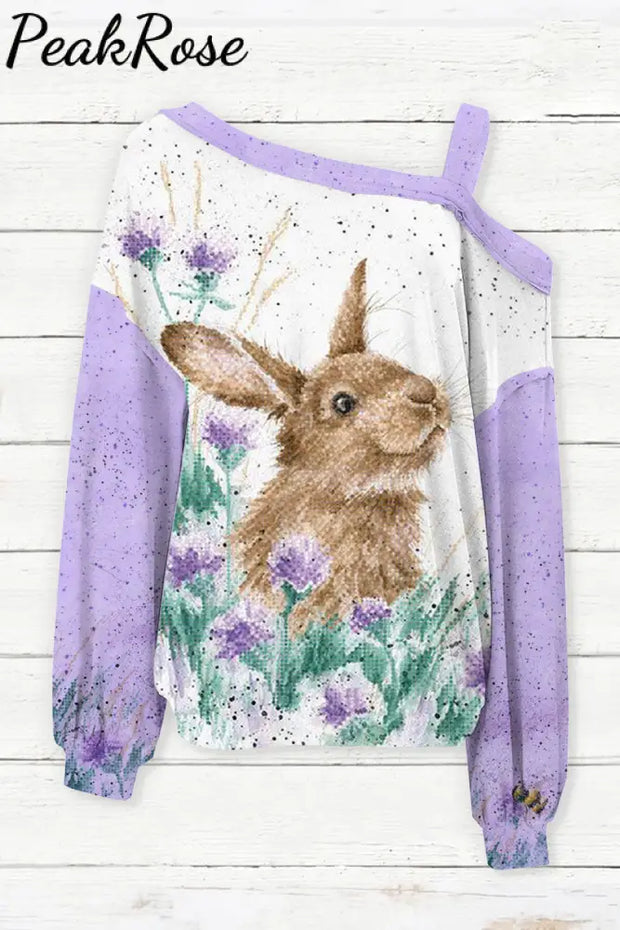 Cute Easter Bunny In The Purple Flowers Printed Off-Shoulder Blouse