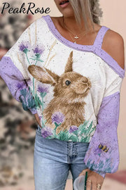 Cute Easter Bunny In The Purple Flowers Printed Off-Shoulder Blouse / S