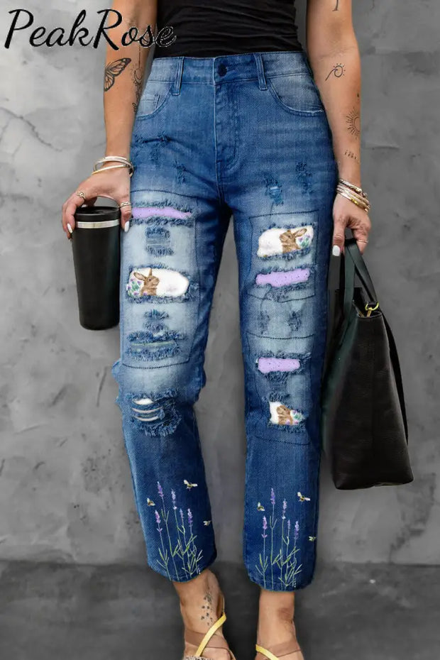 Cute Easter Bunny In The Purple Flowers Printed Ripped Denim Jeans