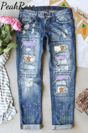 Cute Easter Bunny In The Purple Flowers Printed Ripped Denim Jeans S