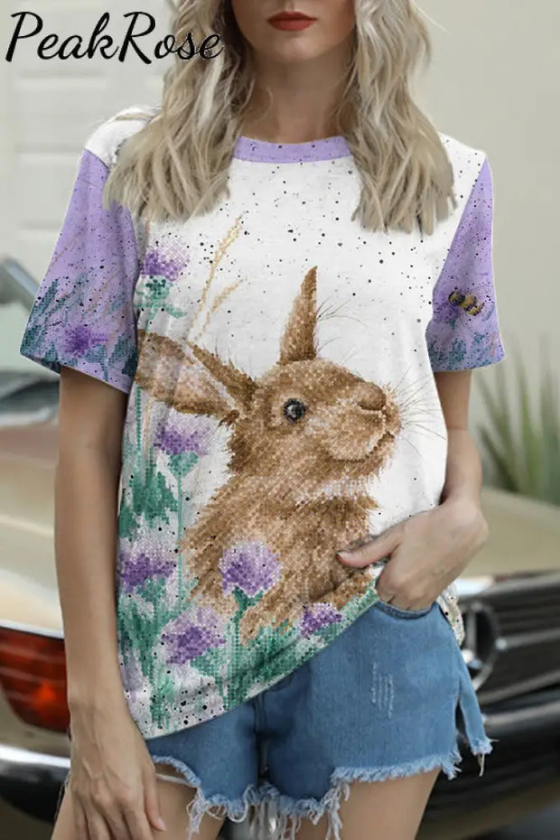 Cute Easter Bunny In The Purple Flowers Printed Round Neck Short Sleeve T-Shirt