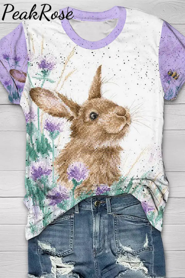 Cute Easter Bunny In The Purple Flowers Printed Round Neck Short Sleeve T-Shirt