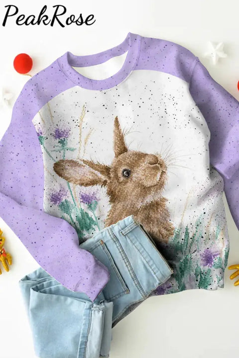 Cute Easter Bunny In The Purple Flowers Printed Sweatshirt