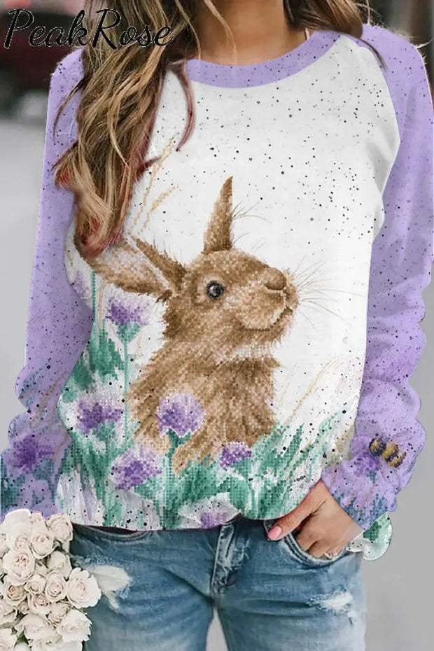 Cute Easter Bunny In The Purple Flowers Printed Sweatshirt S /