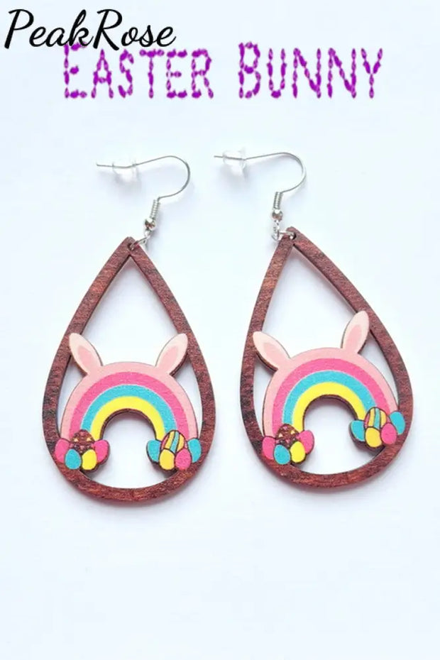 Cute Easter Bunny Rainbow With Eggs Wooden Earrings