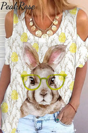 Cute Easter Bunny With Glasses In Eggs Forest Printed Casual Cold Shoulder T-Shirt T-Shirt