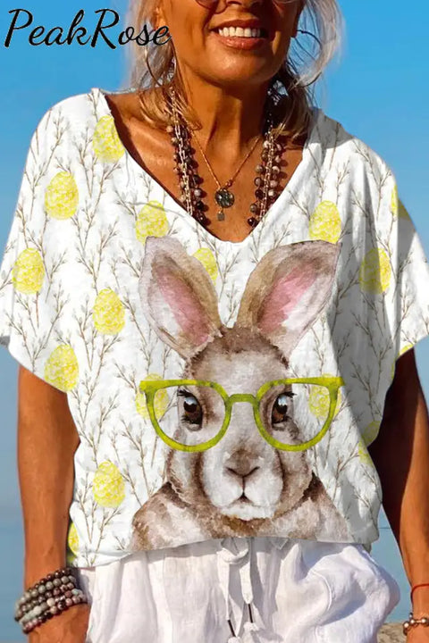 Cute Easter Bunny With Glasses In Eggs Forest Printed Casual Dolman Sleeves Tee