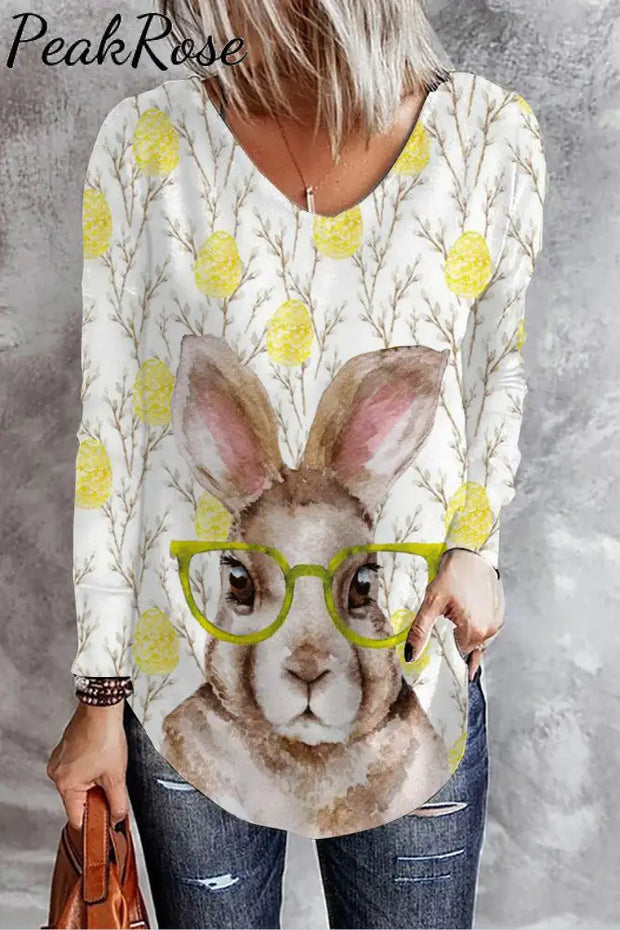 Cute Easter Bunny With Glasses In Eggs Forest Printed Casual V Neck Long Sleeve T-Shirt T-Shirt