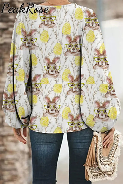 Cute Easter Bunny With Glasses In Eggs Forest Printed Deep V Neck Long Balloon Sleeve Tops