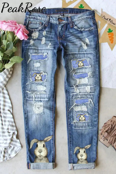 Cute Easter Bunny With Glasses In Eggs Forest Printed Denim Jeans S