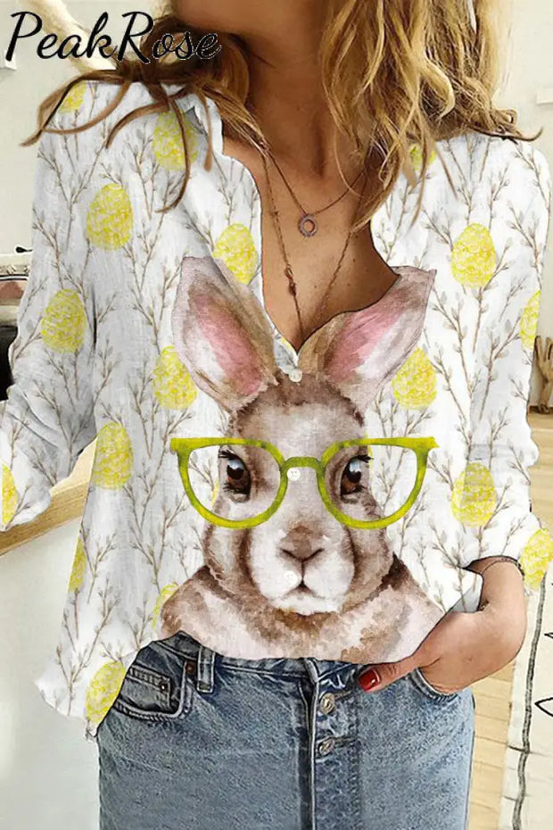 Cute Easter Bunny With Glasses In Eggs Forest Printed Long Sleeve Shirt Women