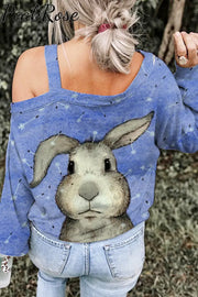 Cute Easter Bunny With Glasses In Eggs Forest Printed Off Shoulder Blouse