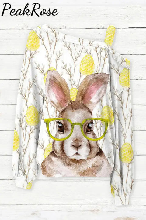 Cute Easter Bunny With Glasses In Eggs Forest Printed Off-Shoulder Blouse