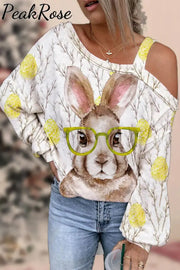 Cute Easter Bunny With Glasses In Eggs Forest Printed Off-Shoulder Blouse Brown / S