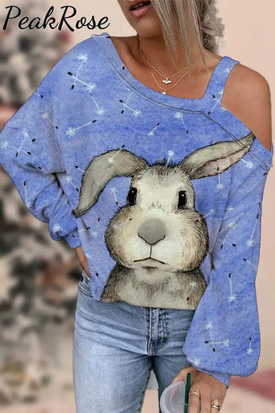 Cute Easter Bunny With Glasses In Eggs Forest Printed Off Shoulder Blouse S / Photo Color