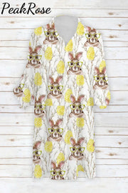 Cute Easter Bunny With Glasses In Eggs Forest Printed Patch Front Pockets Shirt