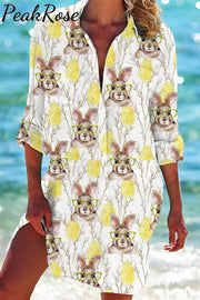 Cute Easter Bunny With Glasses In Eggs Forest Printed Patch Front Pockets Shirt