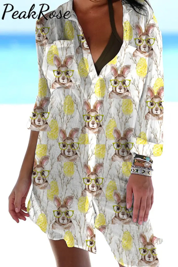 Cute Easter Bunny With Glasses In Eggs Forest Printed Patch Front Pockets Shirt S / Photo Color