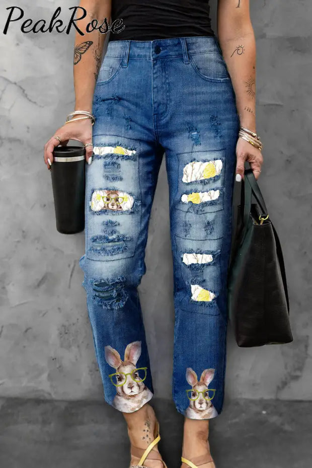 Cute Easter Bunny With Glasses In Eggs Forest Printed Ripped Denim Jeans