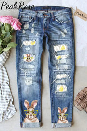 Cute Easter Bunny With Glasses In Eggs Forest Printed Ripped Denim Jeans S