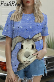 Cute Easter Bunny With Glasses In Eggs Forest Printed Round Neck T-Shirt T-Shirt