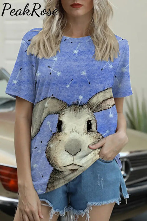 Cute Easter Bunny With Glasses In Eggs Forest Printed Round Neck T-Shirt T-Shirt