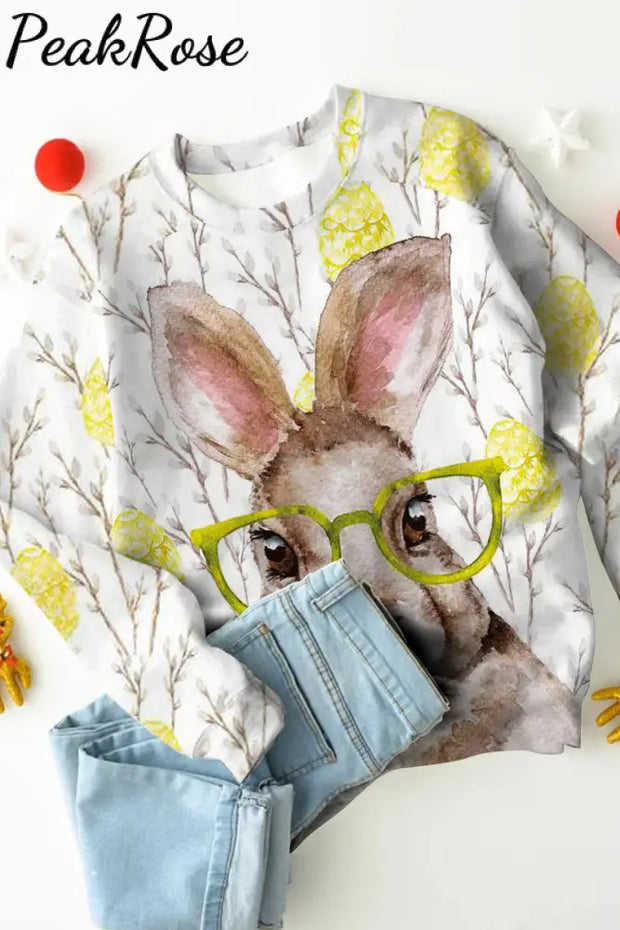 Cute Easter Bunny With Glasses In Eggs Forest Printed Sweatshirt