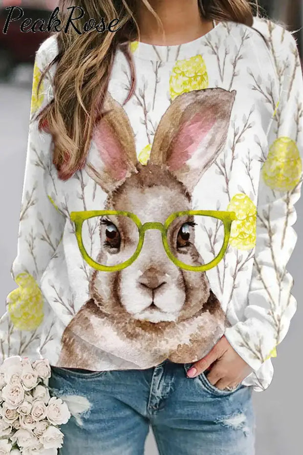 Cute Easter Bunny With Glasses In Eggs Forest Printed Sweatshirt S / Brown