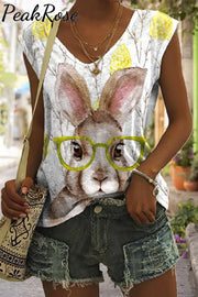 Cute Easter Bunny With Glasses In Eggs Forest Printed Tank S / Photo Color V-Neck Top